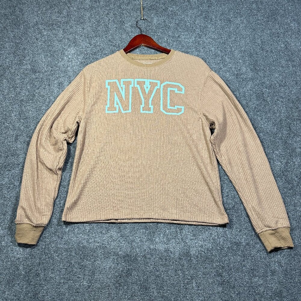 Modern Lux Top Womens Small Tan Thermal Knit Tee NYC Graphic Long Sleeve Popover - Picture 1 of 6